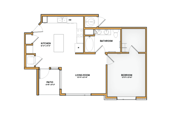 Floor plan for 1 bed, 1 bath, 699 sqft